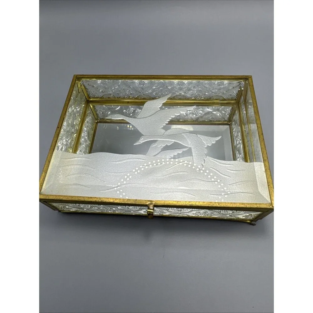 Vtg Glass and Brass  Trinket Box Etched Goose Geese- Mirrored Bottom.6.5x5x1.5”